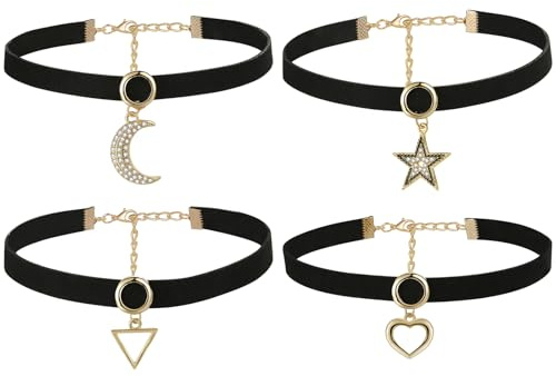 Flongo 4 Stück Samt Choker Damen: Schwarze Halsband Set Stern Herz Pentagramm Mond Dreieck Anhänger Gothic Punk Spitze Kettenband 10mm breit bdsm Sexy Halskette