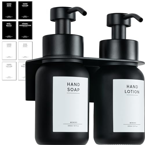 MONOKO | Glas Seifenspender Wandbefestigung ohne Bohren | Wandhalterung Spülmittelspender Küche | Seifenspender schwarz selbstklebend | 250ml mit Edelstahl Pumpspender