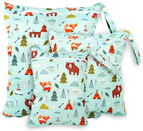 Rinfency 3 Stück Wetbag Groß Kindergarten für Baby Personalisiert Nappy Bag, Lässig Nasstasche Wechselwäsche Schwimmsachen wasserdichte Windeltasche, Klein Bikini Wet Bag Schwimmen Set (Zoo)