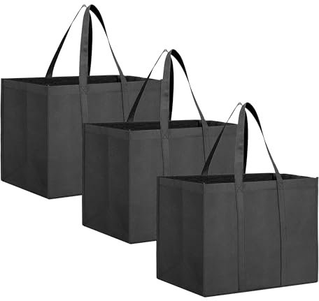 Black 3 Pcs Foldable Washable Reusable Grocery Bags - 41x33x26cm Lightweight Shopper Tote Bag With Hook for Daily Life, Picnic, Camping
