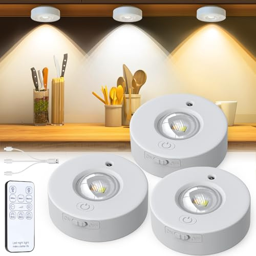 Alopee Küche Schrankbeleuchtung,USB Plug Vitrinenbeleuchtung LED, 3 Farbtemperaturen Rund LED Unterbauleuchte Dimmable Cupboard Kitchen Lights