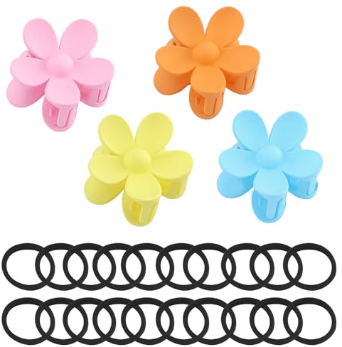 Pinzas para el pelo con flores, pinzas para el pelo para mujeres y niñas, pinzas medianas para el pelo con 20 gomas para el pelo grueso y fino, pinzas de flores ligeras de 7,6 cm, luminosas