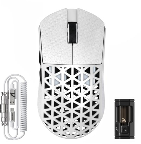 ATTACK SHARK R5 Ultra Ratón Gaming Inalámbrico de Fibra de Carbono 8000Hz, 39g Superlight, 42000DPI, PAW3950MAX, Nordic 52840, Bluetooth/2.4G/USB-C Cableado, 8K Cable Espiral, para PC/Mac, Blanco