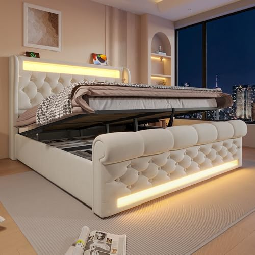 Dolamaní Polsterbett 160x200 cm Doppelbett mit Stauraum & Lattenrost Bettkaste, Kopfteil mit USB und Typ-C, LED Funktionsbett, Boxspringbett Gepolsterter Samt (Beige)