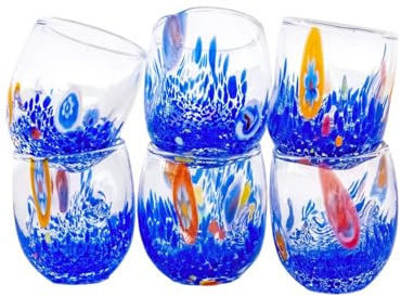 MurArt Vasos de Murano. Colección Dream. Juego de 6 vasos de 350 ml. Alt 10,5 cm. De vidrio soplado, hecho a mano artesanalmente. Made in Italy (azul, vasos de licor 6 unidades)