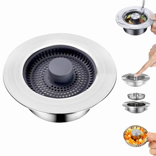 Abflusssieb Küchenspüle, Edelstahl Abflussstopfen mit Sieb, Multifunktionaler Küchenspüle Pop-up Waschbeckenstöpsel, 3-In-1 Abflusssieb für Spülbecken Bohrung 75-86 mm,Tiefe > 40 mm (B)
