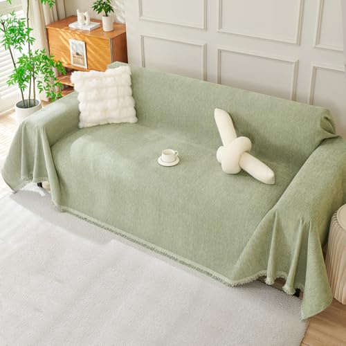 Royhom Sofa Überzug Chenille, Sofabezug L Form, Couch Überzug Ecksofa, Sofaüberwurf 4 Sitzer, Couch Überwurf mit Deko Quasten, Grün Sofa Überwurf(Salbeigrün, 180x380cm)