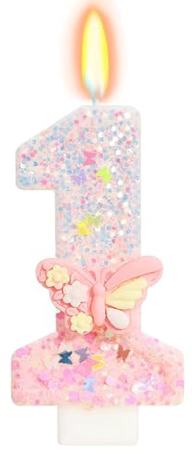 VIKY® Zahlenkerze 1 - Rosa Geburtstagskerze mit Schmetterling für Mädchen - Deko 1. Geburtstag Mädchen & Kuchendeko 1. Geburtstag - Ideal als Tortendeko & Geburtstagskerzen Kuchen