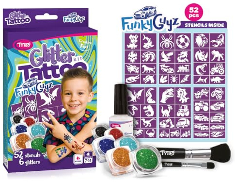 TyToo Set di tatuaggi con glitter per bambini, 52 stencil e 3 colori glitterati, delicato sulla pelle, impermeabile e dermatologicamente testato, set di trucco creativo per compleanni, feste e