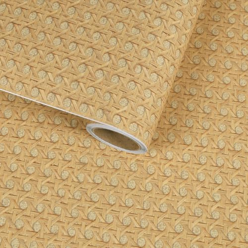 VaryFloral 30cmx300cm Rattan Effect Self Adhesive Wallpaper Light Brown Faux Cane Weave Peel and Stick Contact Paper Removable Vinyl Wrap for Furniture Cabinets DIY Home Decor Drawer