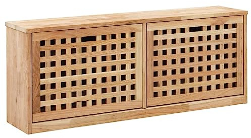 Banco Zapatero de Madera Maciza de Nogal con 2 Compartimentos, Organizador de Zapatos para Entrada y Recibidor, Diseño Elegante con Frontal de Celosía, Color Natural, 94 x 20 x 38 cm