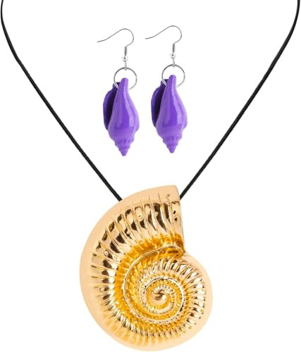 WEITAPYT Collar Conchas de Oro y 1 Par Pendientes Morado para Mujer Bohemio Concha de Mar para Carnaval Halloween Verano Playa Colgante Accesorios para Disfraz de Sirena Pulpo