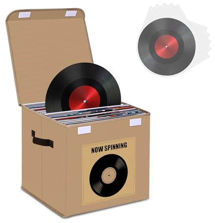 Vinyl Record Storage Box, Stackable & Collapsible LP Storage Boxes Hold Up To 90 12-Inch Records, Sealed & Dust-Proof Records Crate for Valuable Album Collection, 35.5 x 33 x 33 cm (Beige)