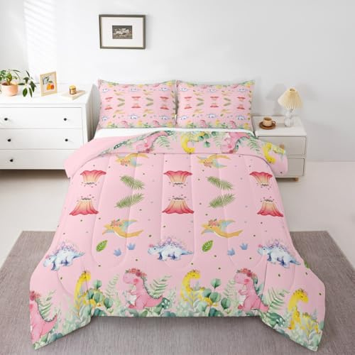 Loussiesd Söt dinosaurie sängkläder set alla årstider tecknad dinosaurie täcke set king size med 2 örngott vilda djur mikrofiber barn sängkläder djungel dinosaurie växt andningsbar mjuk