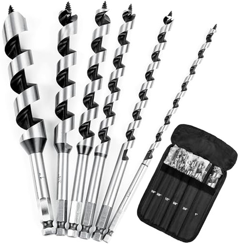 SMJXTOP 6Pcs 9-Inch Long Auger Drill Bit Set for Wood,1/4,3/8,1/2,5/8,3/4,1 Inch Hex Shank Ship Auger Drill Bit Set for Soft and Hard Wood, Plastic, Drywall and Composite Materials