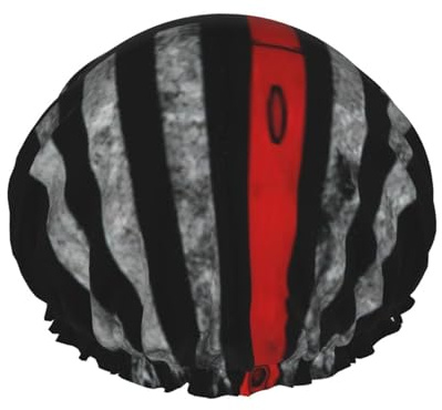 Firefighter Axe Red Line Flag Print Soft Lined Shower Cap, Double Layer Washable Wide Elastic Band Hair Shower Cap For Bath