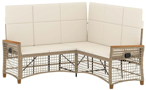 vidaXL Trädgårds fällbar soffgrupp Beige och krämvit konstrotting, Modern Rektangulär Rattansoffa, Väderbeständig Utomhusloungemöbel, Terrasssoffa, Själva, Trädgårdsmöbler