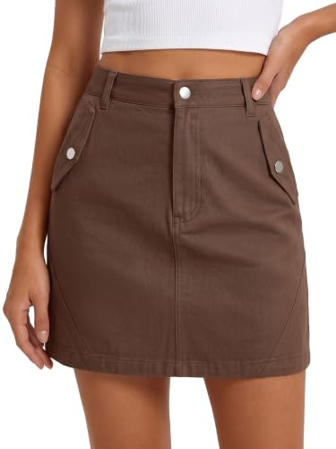 Bridesmay Womens Cargo Denim Mini Skirts with Pockets for Summer Brown M | Ladies A Line High Waisted, Stretch Jean y2k, with Buttons, Pencil Short Skirts for Women uk, for Casual Work Festival