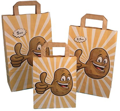 250 Papiertragetaschen Papiertüten Kartoffel Tragetaschen Happy Potatoe braun Flachhenkel 80-90g/m² stark verschiedene Größen zur Auswahl (18+8x22cm 80g/m²)