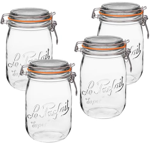 Le Parfait Super Jar 1L (32oz) French Glass Preserving Jar w/Airtight Rubber Seal & Wire Bail Closure - BPA-Free Canning Jar for Pickles, Fruits, Sauces & Food Storage - Made in France Since 1930 4PK