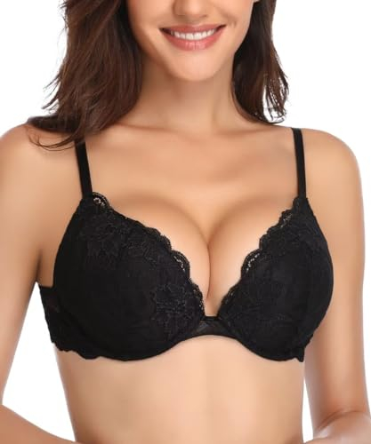Deyllo Women's Push Up Lace Bra Sexy Deep V Lift Up Bra Underwire Padded Comfort Everyday Bra(Black,34F)