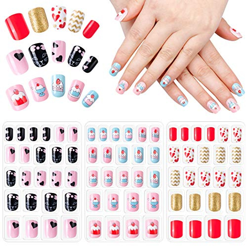 72 pezzi Unghie Finte per Bambini, Premere Pre-incollato Unghie Finte Acriliche, 3 Scatola Artificiali Tip Unghie per Donna e Ragazze Adolescenti (Style 4)