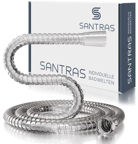 SANTRAS® Metall Duschschlauch PREMIUM 2,00 m lang mit Wassersparer in Chrom– Besonders flexibeler Brauseschlauch mit DURCHFLUSSBEGRENZER in Edelstahloptik