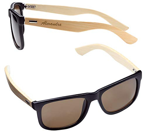 Diamandi Sonnenbrille mit Gravur personalisiert mit Ihren Namen oder Spruch - Holzbrille - Brille mit Holzoptik Bambus - Sonnenschutz UV400 - Unisex für Herren & Damen