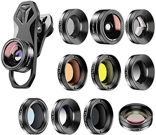 Kit d'objectif de caméra de téléphone 11 en 1 Micro Objectif Objectif Grand Angle 140 ° Objectif lentille fisheye 205 ° Couleur Grise Filtres Couleur /ND32/CPL/étoile compatibles avec l'iPhone