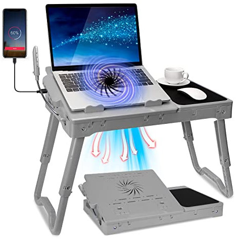 Laptop Desk for Bed Laptop Tray Table Foldable Stand Desk with Cooling Fan, 4 Port USB Hub, Adjustable LED Light, Mouse Pad and Storage Box for Working, Reading on Bed Couch Sofa (Grey)