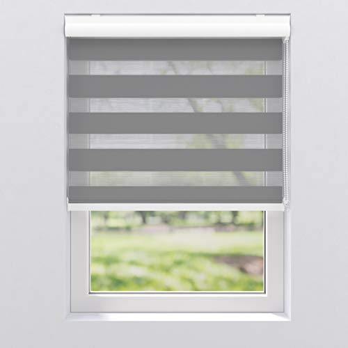 Doppelrollo Sonnenschutz Fenster Tür Innen, 140 x 175 cm Grau gestreift