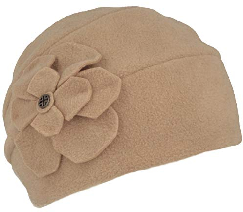 LOEVENICH Damen Winter-Mütze | Fleece-Mütze | Beanie aus weichem Polar Soft Fleece (One Size, Beige mit Blume)