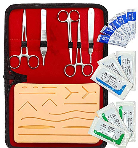 MZBZYU Kit Sutura Chirurgica Set Completo di Strumenti di Sutura in Acciaio Inossidabile con Riutilizzabile 14 Tampone di Sutura in Silicone e Filo Dell'ago Riutilizzabile e Borsa Portaoggetti