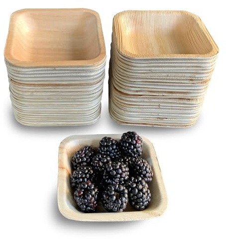 Raj Bols Carrés Jetables en Feuille de Palmier (Lot de 50, 10 cm) - Bols Solides et Décoratifs, Vaisselle Compostable pour Déjeuner, Dîner, Anniversaire, Camping, Pique-nique et Fêtes
