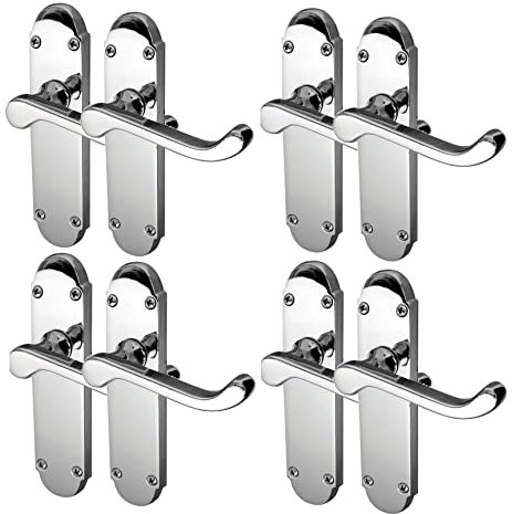 Polished Chrome Door Handle Sets – Epsom Silver Lever Handles for Internal Doors – 4 Pairs – Backplate Size 170mm x 42mm – Modern Interior Handle Sets – Ideal for Bedrooms, Bathrooms & Living Rooms
