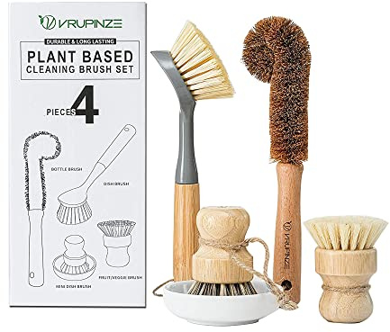 VRUPINZE Natural Bamboo Dish Brush Bottle Scrub Brush 4-Piece Set, with Ceramic Soap Dispenser - Wooden Washing Up Brushes with Sturdy Handles for Cleaning Dishes, Pots, Pans, Gift Kit