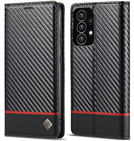 ZTOFERA Klappbar Hülle für Samsung Galaxy A53 5G Handyhülle, Premium PU Leder Carbon Fiber Handytasche Flip Wallet Case Stoßfest Schutzhülle mit Kartenhalter Magnetverschluss, Horizontale Rote Linie