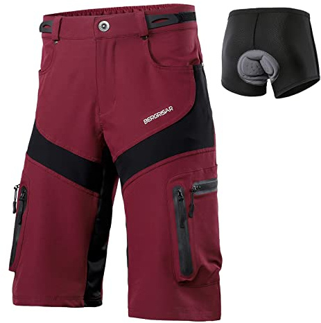 BERGRISAR Cykelshorts för män MTB mountainbike shorts lös passform med 6 fickor, Avtagbar – vadderad röd, L