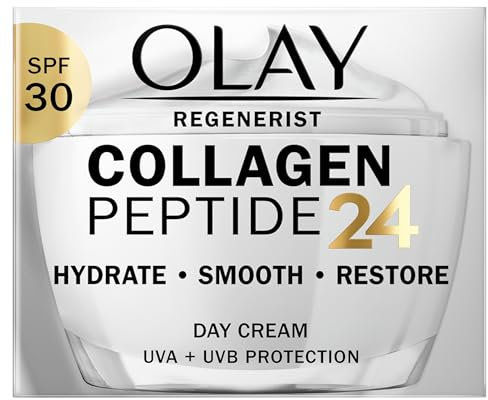 Olay Collagen Peptide 24 Feuchtigkeitspflege, 50 ml, Gesichtscreme mit LSF 30 Schutz + Kollagenpeptid & Vitamin B3, spendet sofort Feuchtigkeit für 24 Stunden