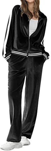 Ekouaer Women's Velvet Velor Tracksuits 2 Piece Lounge Outfits Zip Up Sweatshirt and Sweatpants with Pockets S-3XL(Black,X-Large)