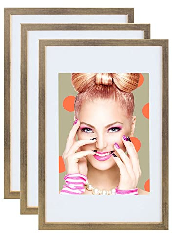 IDEAL TREND 3er 5er Set Holz Bilderrahmen Lifestyle Plexi Foto Rahmen Collage Wanddeko Poster S111: Farbe: 3er Pack Gold | Format: 40x60