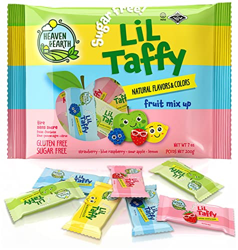 Heaven & Earth Mezcla de frutas Lil Taffy sin azúcar (aprox. 20 unidades) | Caramelos sin tintes | Hecho con colores y sabores naturales, sin jarabe de maíz de alta fructosa, sin gluten, nada