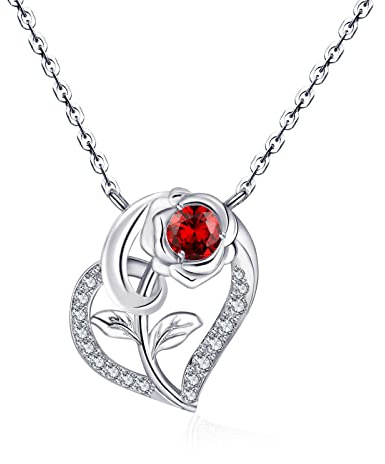 Qings Cœur Collier Rose Fleur Grenat Pendentif Femme Argent 925 Janvier Collier Pierre de Naissance avec Zirconium Cœur Bijoux pour la Saint-Valentin Anniversaire Noël Cadeau pour Petite amie Épouse