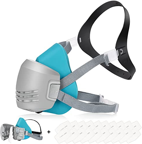 Reusable Anti-Dust Face Respirator with 20 Pcs Filter Cottons, Safety Chemical Half Respirator Face Shield for Woodworking, Painting, Gas, Epoxy Resin, Organic Vapors, Spraying, Sanding, Blue