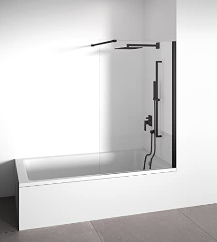 Paroi de baignoire frontale avec panneau fixe - Transparente - Verre trempé 6 mm Anticalcaire inclus - Profilés Noir Mat - Largeur 100 cm - Hauteur 145 cm