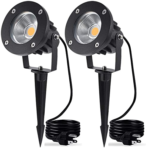 MOCAOIRE 20W LED Landscape Lighting Outdoor Spotlight 120V AC Waterproof Yard Spot Lights Outdoor with Stake for Tree Flag Lights 3000K Warm White Lawn Decorative Lamp with US 3-Plug in (2 Pack)