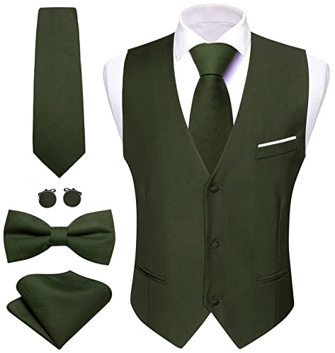 Barry.Wang Herren-Weste, formelle Anzugweste, Business, schmale Passform, lässig, einfarbig, Weste, Krawatte, Fliege, Set, Hochzeit, Party, olivgrün, XXL