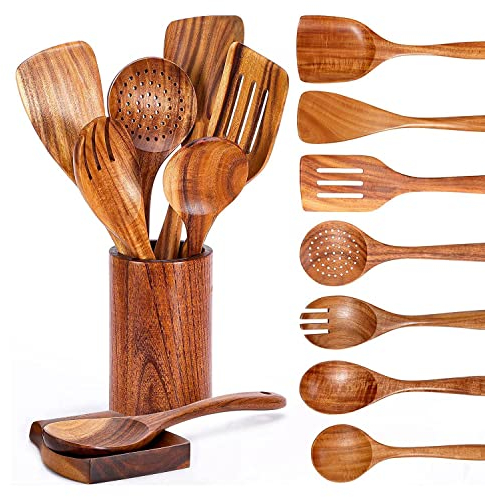 Tiamu 9PCS Küchenhelfer Set aus Teakholz, Kochlöffel Set mit Pfannenwender, Schöpfkelle Holzspatel, Schaumlöffel Suppenkelle, Holzlöffel zum Kochen, Antihaft Kochutensilien Set mit Halter
