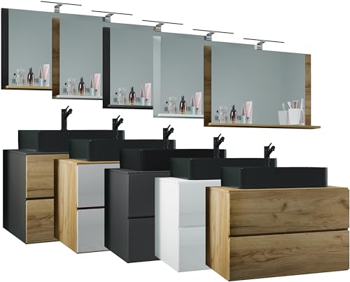 VCM 2-TLG. Waschplatz Waschtisch/schwarzes Waschbecken Unterschrank Breite 80 cm/Badmöbel Set mit Schubladen/Lendas BL