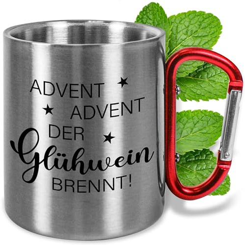 Edelstahl-Tasse mit Karabiner ca. 330ml „Advent Advent der Glühwein brennt!“ – Metall-Becher als Geschenk für Weihnachten für Männer & Frauen - Outdoor Camping (Advent, Griff Rot)